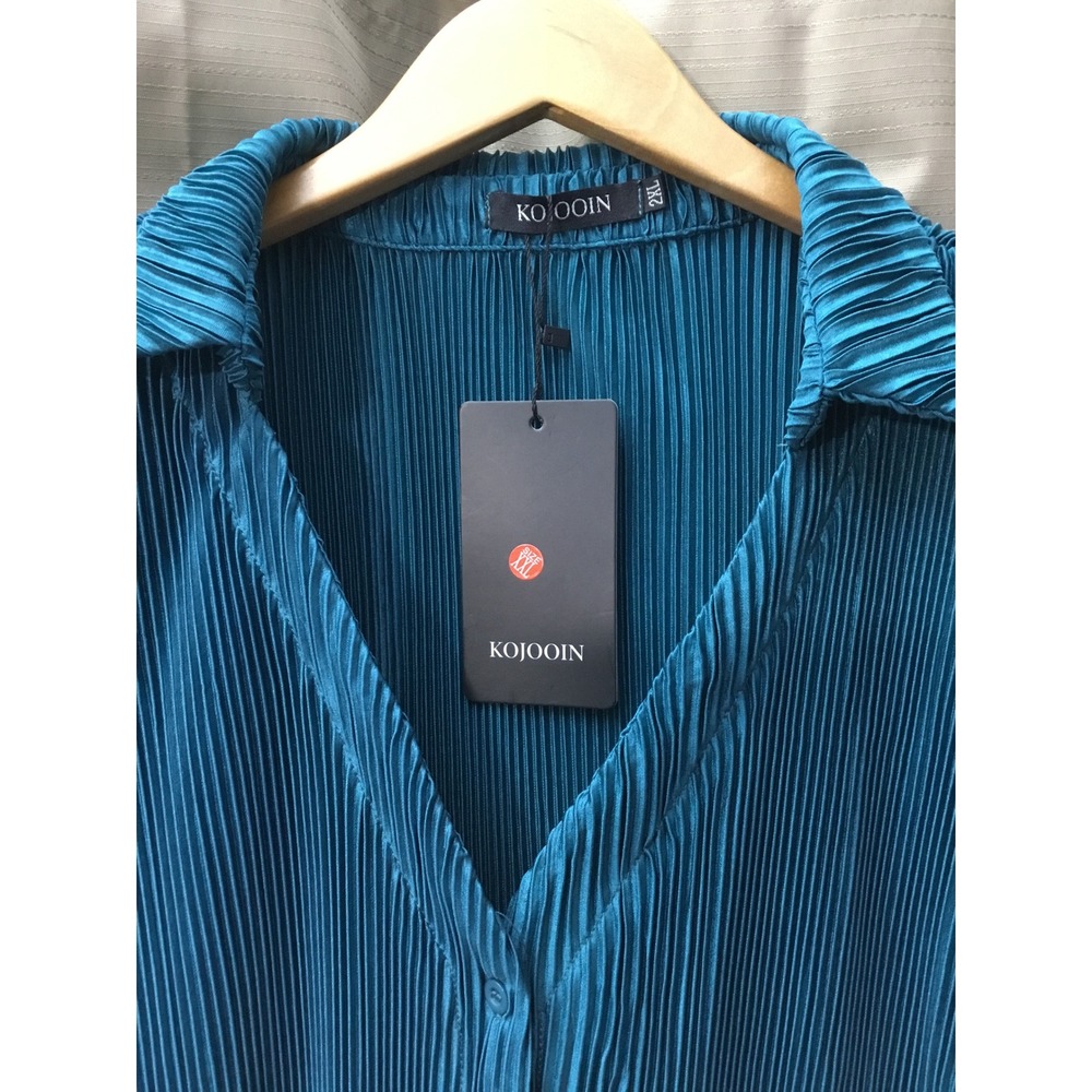 KOJOOIN Women's Teal Blue Long Sleeve Collared Pleated‎ Blouse Top 2XL